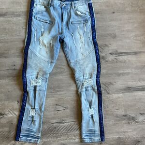 M. Society Denim Jeans 36x32 Distressed Blue Stripe Accent Hip Hop Moto Biker